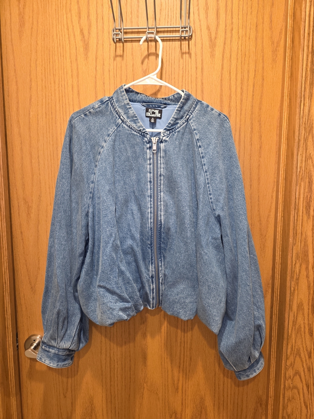 Future Collective Light Blue Denim Zip-Front Bomber Jacket